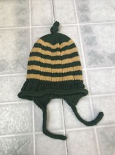 Hand Knit Hat Cap With ear flaps Toddler Wool Green Gold Stripe 6 mth - 2 year