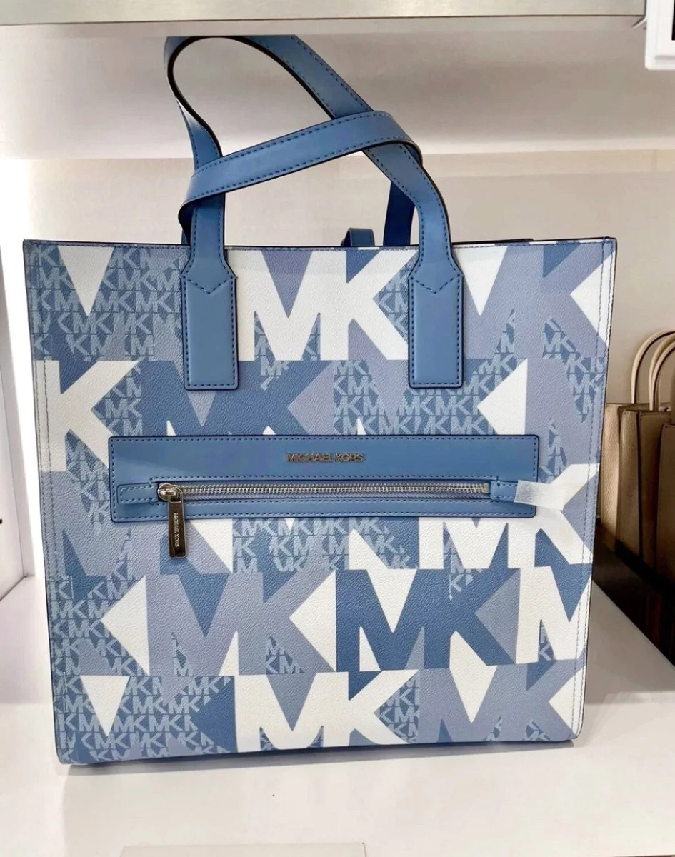 Michael Kors Kenly Large NS Tote Crossbody Graphic Logo MK Blue White Multi  196163071657