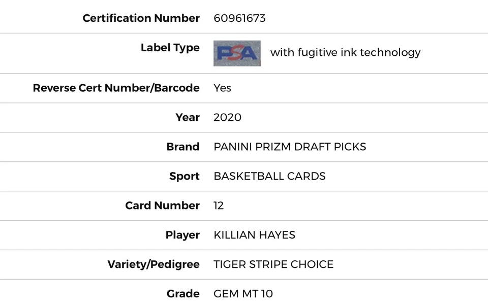 2020 Panini Prizm DP Killian Hayes Rookie Tiger Stripe PSA 10 Gem Mint Pop 4 - Image 3 of 3