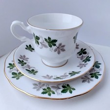 Vintage Gainsborough Bone China Trio Tea Set - Green & Grey Leaves - England