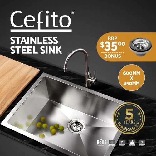 Cefito Kitchen Sink 60X45CM Stainless Steel Basin Single Bowl Silver - Picture 1 of 8