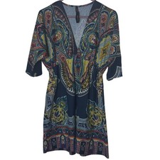 Renee C Boho Paisley Dress L Made in USA Navy Multicolor V-Neck Half Sleeve