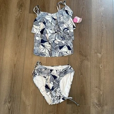 Stella Parker Women's Medium Triple Tier Tankini Swim Set White Blue