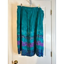 Vintage 100 Silk Midi Skirt Abstract Print Teal Purple Elastic Waist Boho