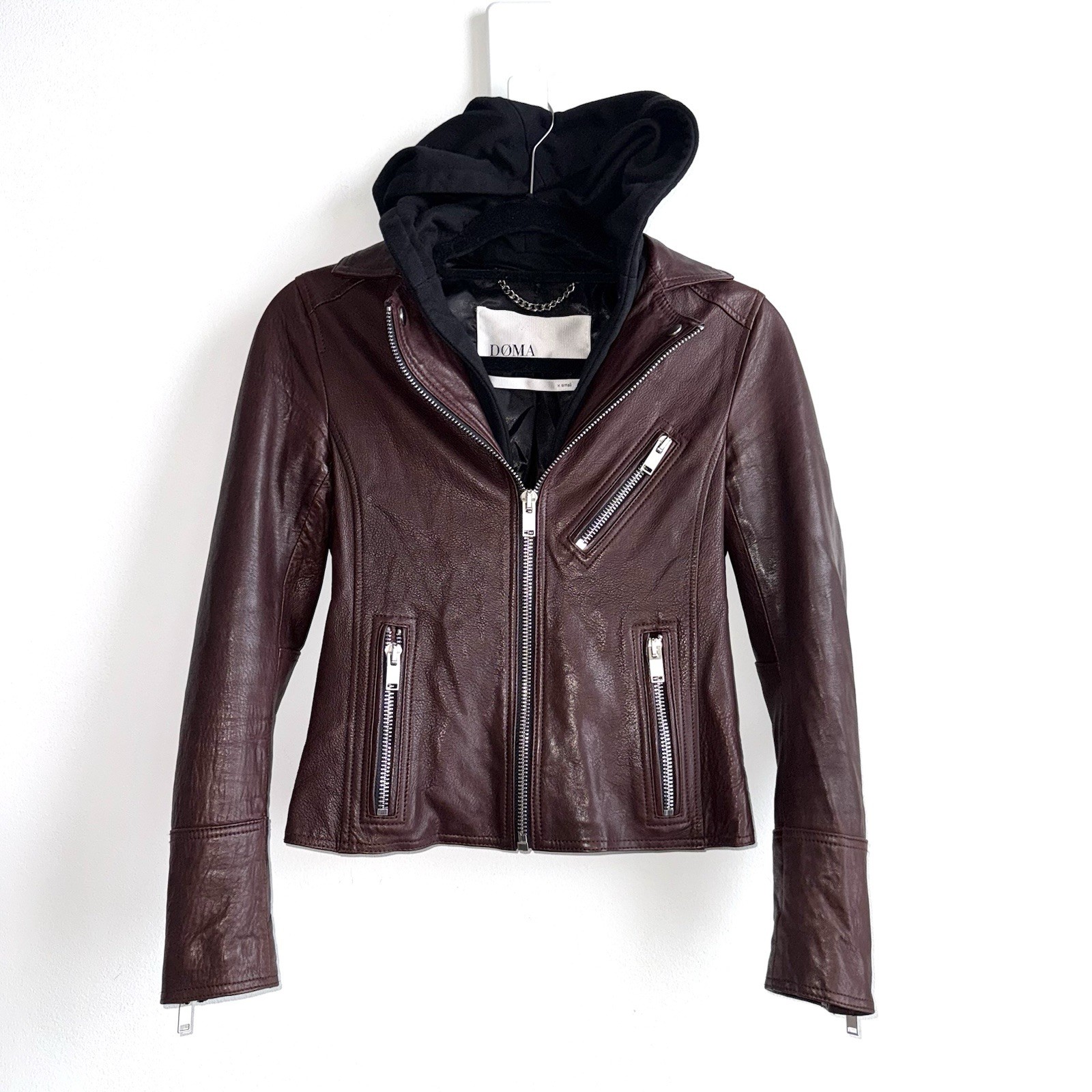Doma Women's Leather Moto Biker Fitted Jacket Detachable Hoodie Size XS Burgundy