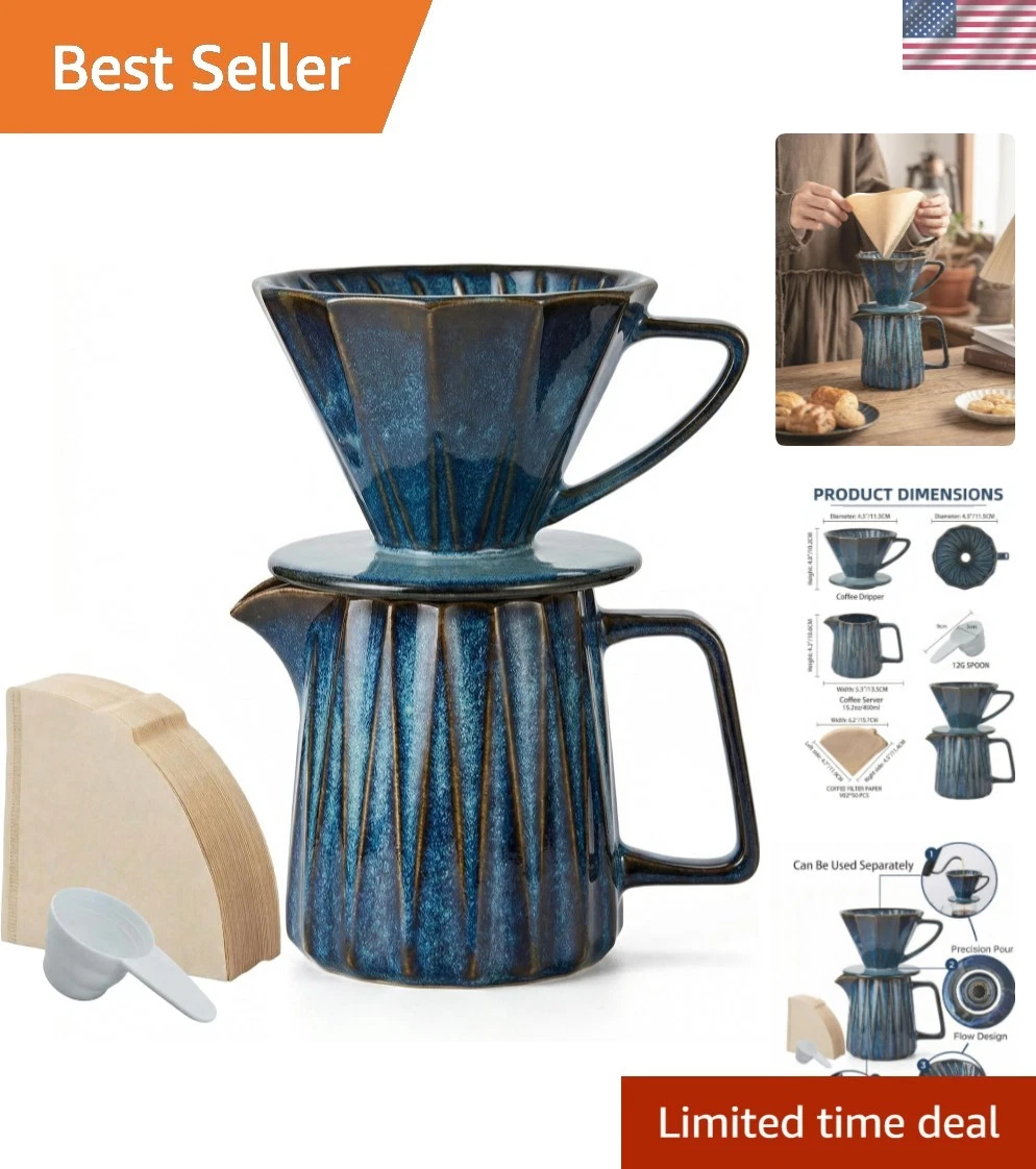 Pour Over Coffee Maker Set, Vintage Ceramic Coffee Dripper with 50 Paper Filt...