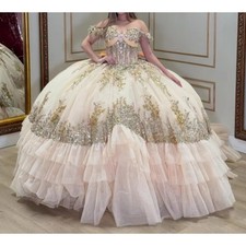 Shiny Champagne Quinceanera Dress Off Shoulder Sequins Applique Beading Sweet 16