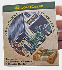 John Deere Tractor Stoneware 4 Coaster Set + Wooden Holder JD Vtg Gathering NIB
