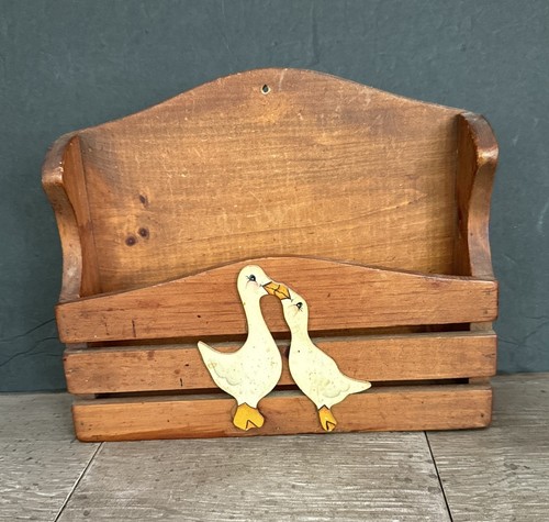 VTG Wood Goose Wall Pocket Letter Holder Country Farmhouse Kitchen Cottage Duck
