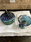 Vintage Carnival Glass Iridescent Candy Dish w/Lid 6"  and Candle Holder