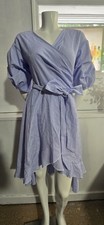 SHEIN Womens Striped Wrap Dress Size S Blue White Puff Sleeve Ruffle Hem