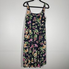 Old Navy Women L Blue Floral Pockets Fit & Flare Linen-Blend Midi Dress