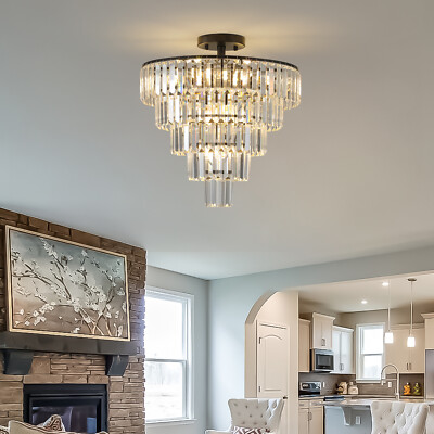 5 Tiers 20'' Large Black Modern Crystal Chandelier Ceiling Pendant Light Fixture