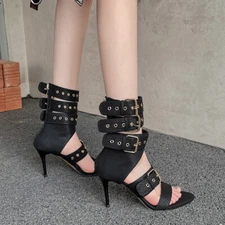 Women Pointed Open Toe Buckle Leather High Stiletto Heel Sandals Ankle Boots Zip
