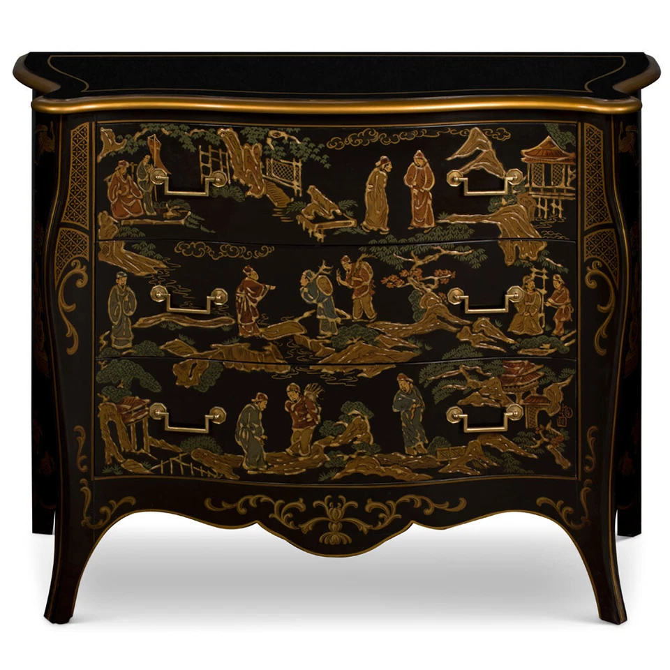 VENDEDOR DE EE. UU. - Gabinete oriental chinoiserie victoriano pintado a mano, tres cajones Foto 2 de 4