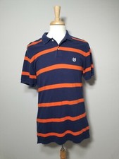 Chaps Polo Shirt Mens Size Medium Orange Blue Striped Short Sleeve 100 Cotton.