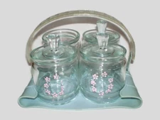 Vintage Glass Nursery Jar Set in Molded Carrier, Handled Tray, Baby's Room Decor