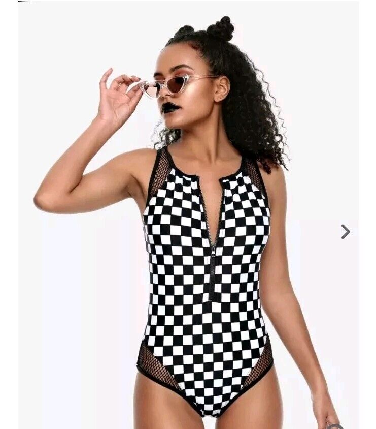 Midnight Hour Women Black White Checkered Zip Front Bathing Midnight Hour Women Black White Checkered Zip Front Bathing