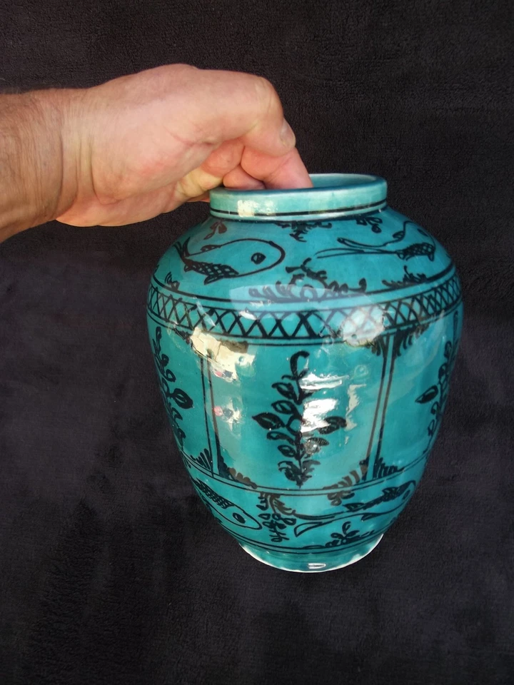 Vase céramique Iran Qajar Islamic Kadjar Perse céramique Poissons Bleu turquoise - Photo 3/4