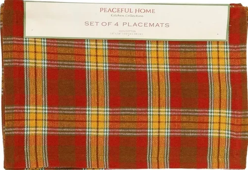 Set of 4 Same Fabric Placemats(13"x19")PLAID ORANGE&YELLOW STRIPES,Peaceful Home