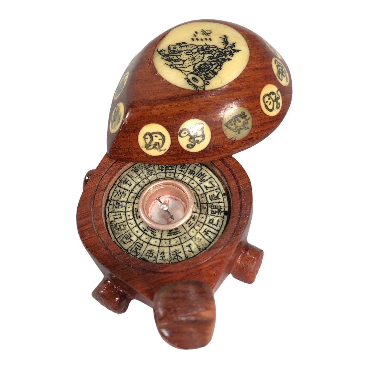 Vintage Carved Wood Turtle with Inlaid Chinese Zodiac Signs Opens