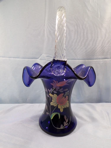 Fenton Hand Painted Royal Purple Glass Limited Ed. Basket - Pink Yellow Flowers