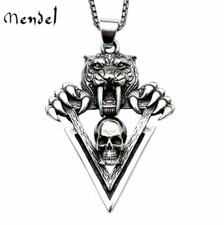 MENDEL Large Gothic Cool Mens Biker Tiger Skull Necklace Pendant For Men Chain