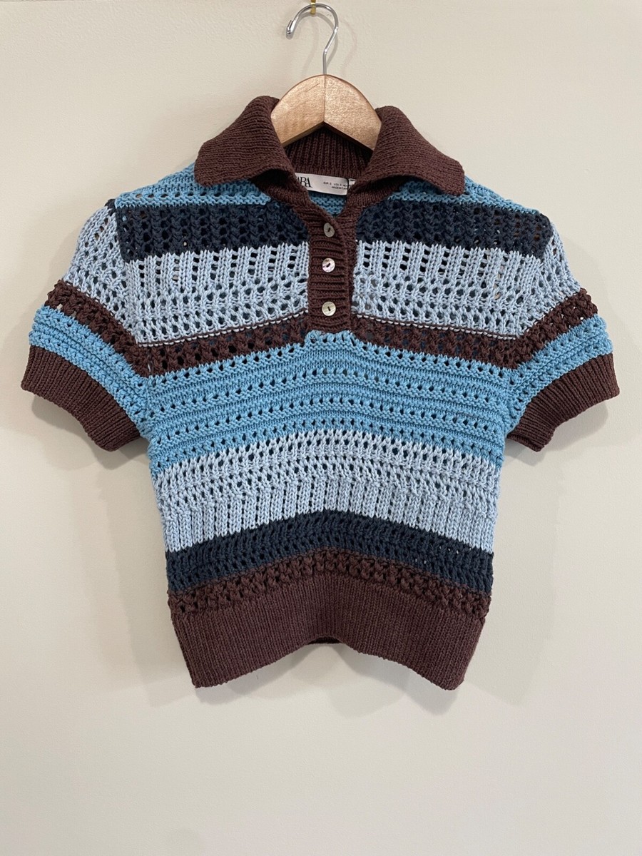 Zara Women's Open Knit Multi Color Stripe Crochet Polo Shirt Zara Women's Open Knit Multi Color Stripe Crochet Polo Shirt