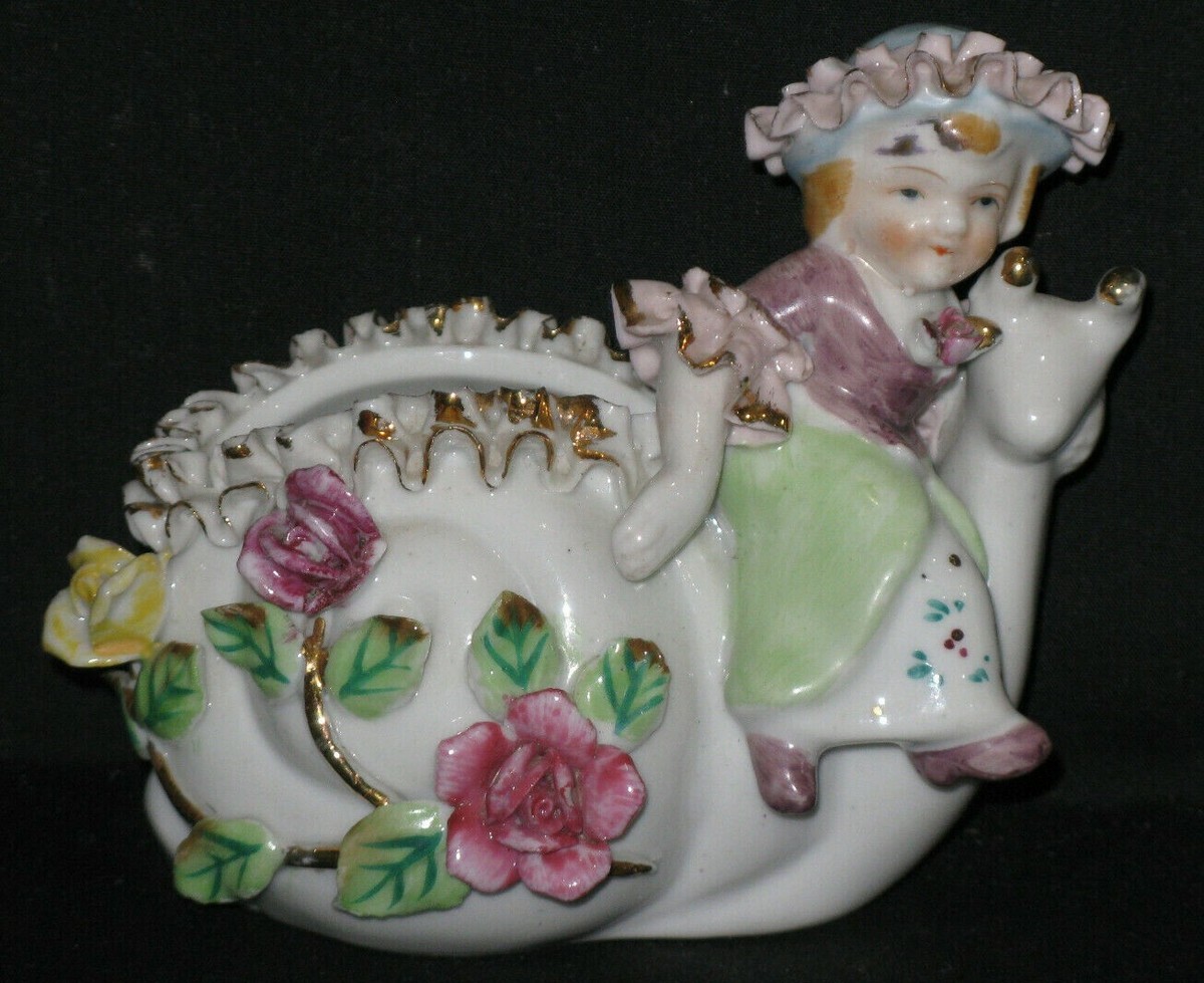 Vintage Mid Century Japan Girl Riding Snail Figurine Match Holder
