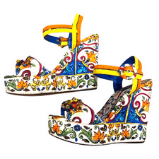 DOLCE & GABBANA Majolica Print Jacquard Crystal Embellished Wedge Sandals, 39