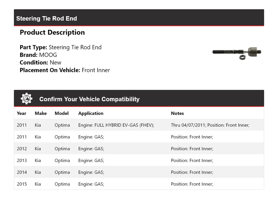 Para 2011-2015 Kia Optima extremidade da haste de direção dianteira interna MOOG 2011 2012 2013 - Imagem 2 de 4