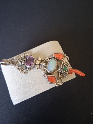 Vtg Native Coin Silver FS 900 Red Coral Emerald Opal Amethyst Duo Mosaic Pendant