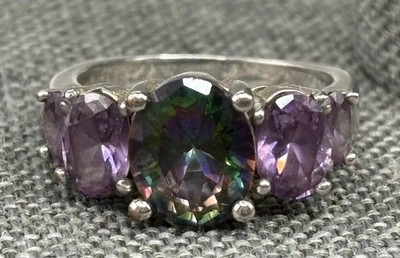 Beautiful Sterling Silver 925 Mystic Topaz Purple CZ Cubic Zirconia Ring Size 7