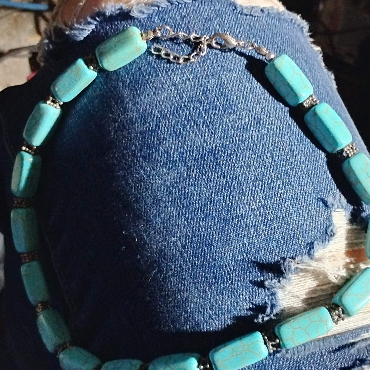 Turquoise Rectangular Bead Necklace Stone Lobster… - image 1