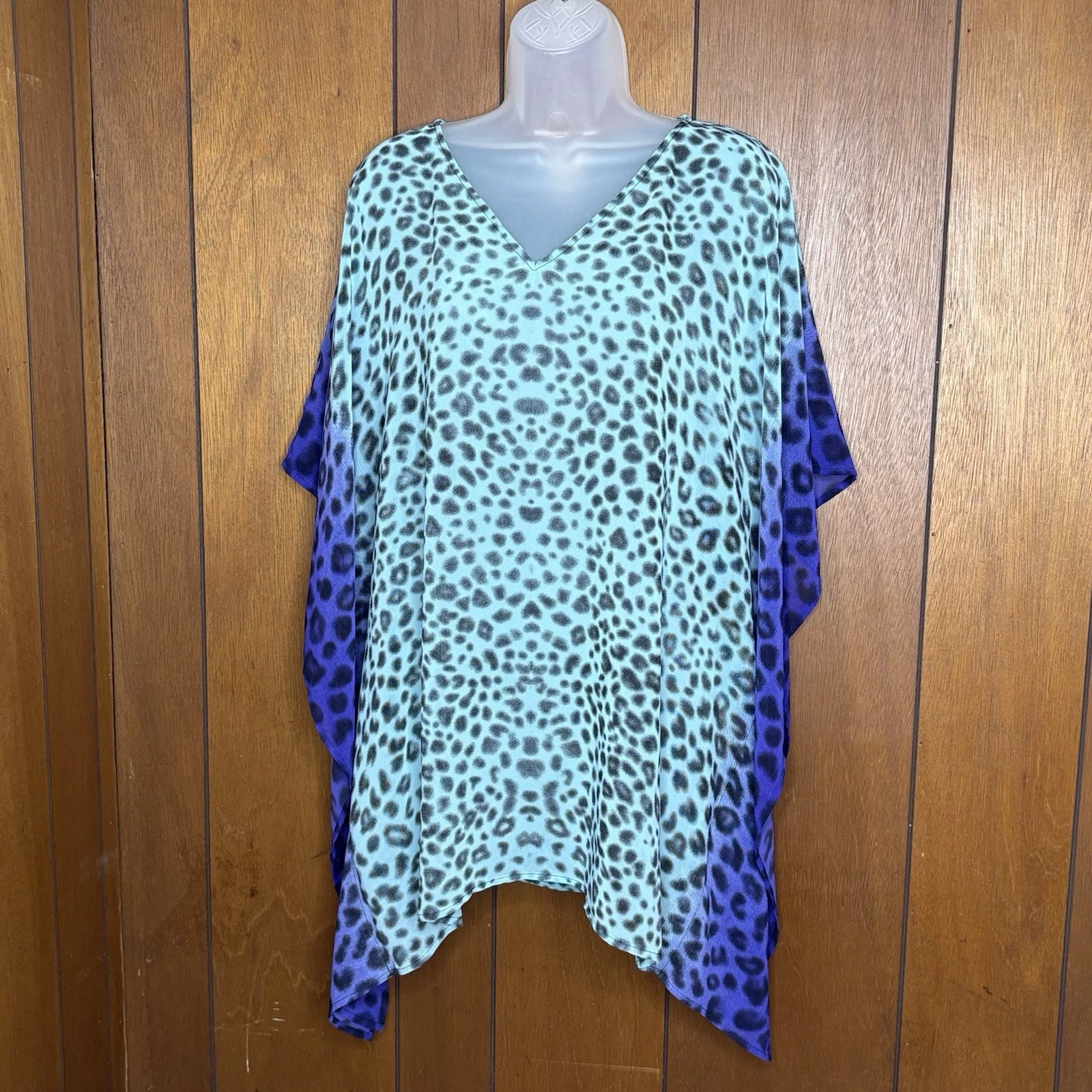 Chico’s Poncho Top Women S/M Blue Purple Leopard Boho Fairy Whimsigoth Sheer
