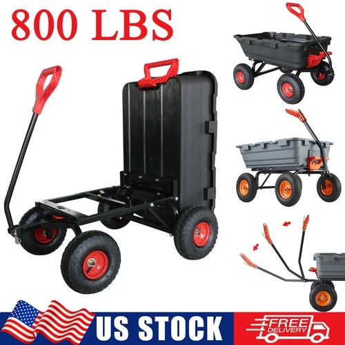 800lb Poly Garden Dump Cart Heavy Duty Yard Cart and Wagon 180°Release 10" Tires