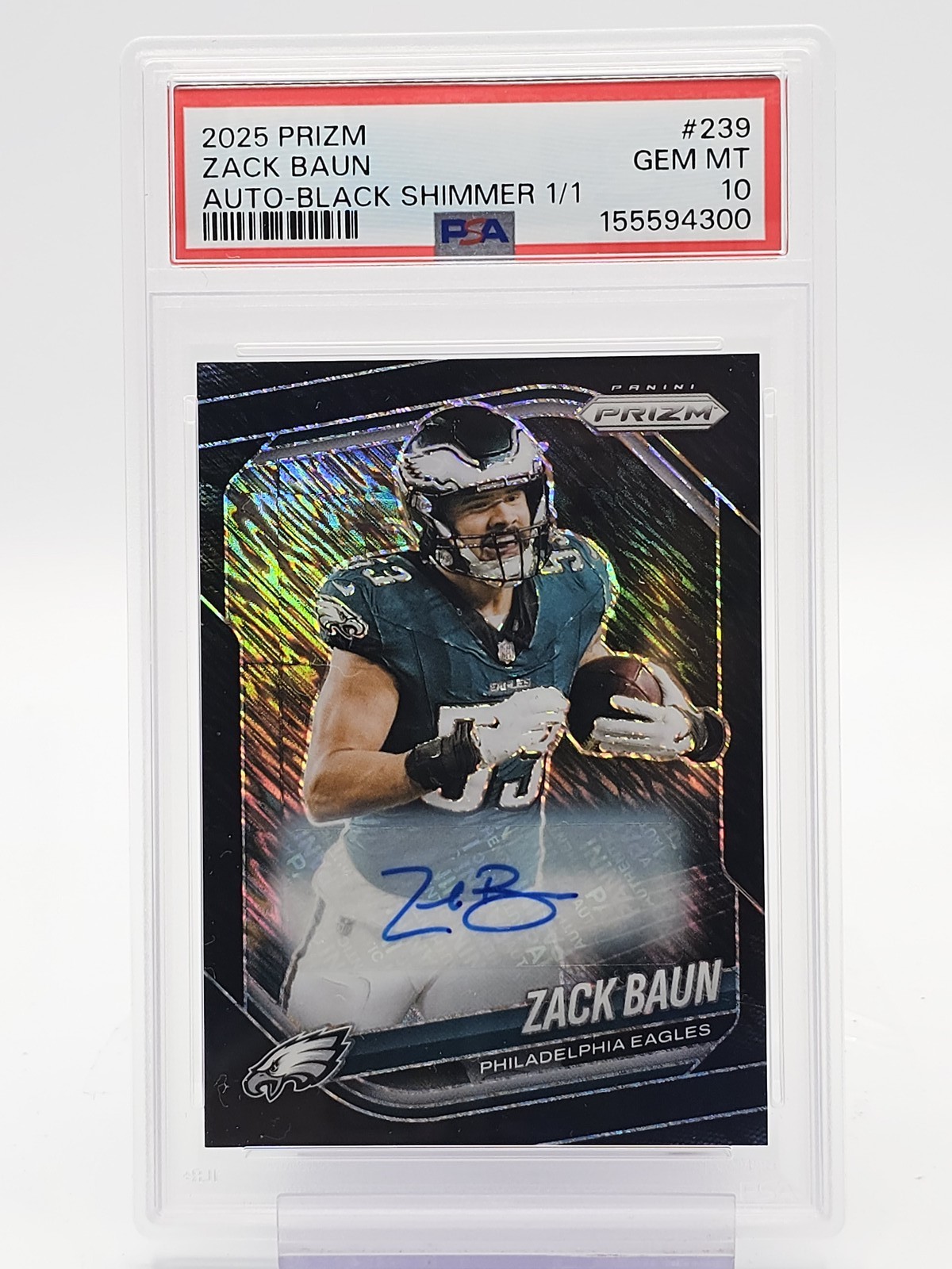 ZACK BAUN 2025 PRIZM BLACK SHIMMER AUTO 1/1 #239 EAGLES PSA 10 Q4832 view 1