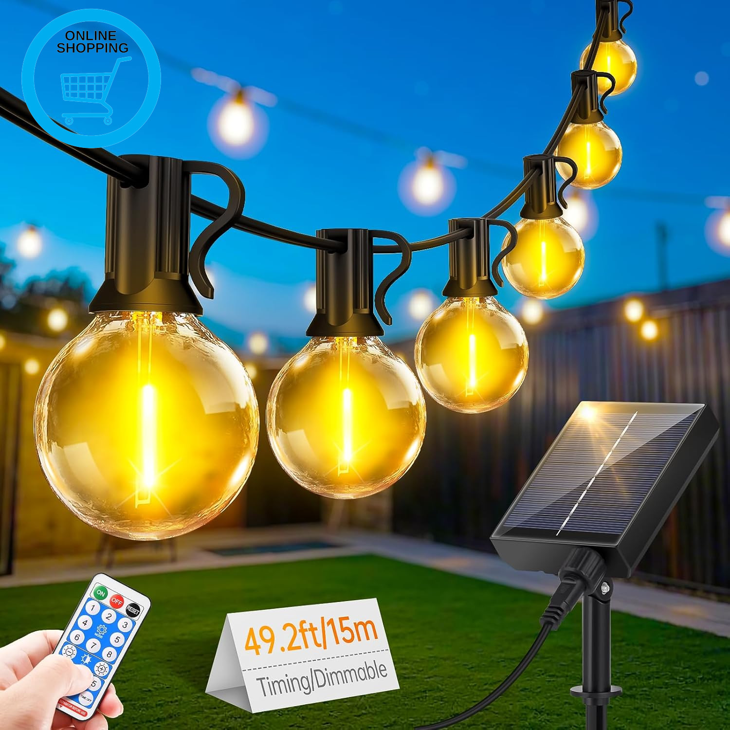 Solar String Festoon Lights Outdoor - Remote Control 15M / 49.2Ft USB Rechargeab