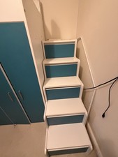 Children's High Sleeper Bed Frame with Desk, Wardrobe, Storage Steps White/Blue