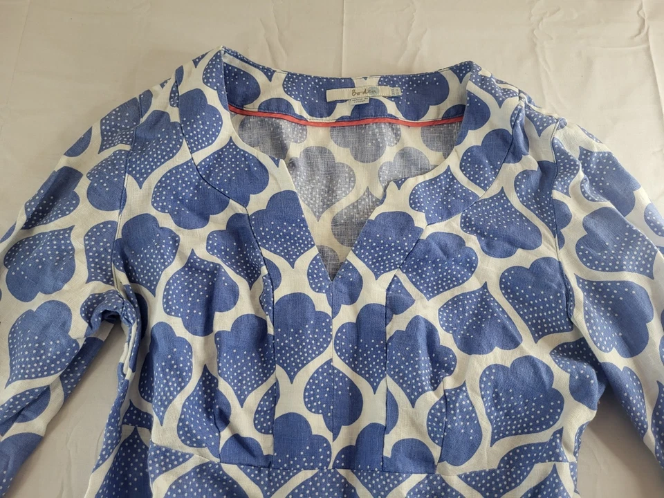 Boden Dress Women's Size 6 L Blue White 3/4 Sleeve Geometric 100% LINEN - Image 3 of 4