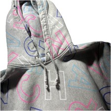 Champion Sweatshirt Reverse Weave Hoodie MED All Over Spell Out Pink Blue Grey