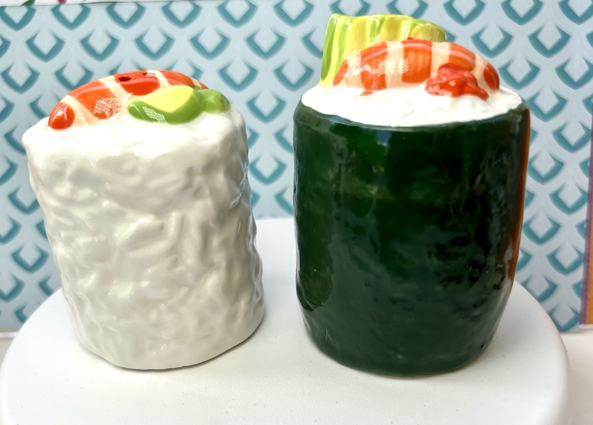 CERAMIC TALL SUSHI ROLLS SALT AND PEPPER SHAKERS SHRIMP AVOCADO