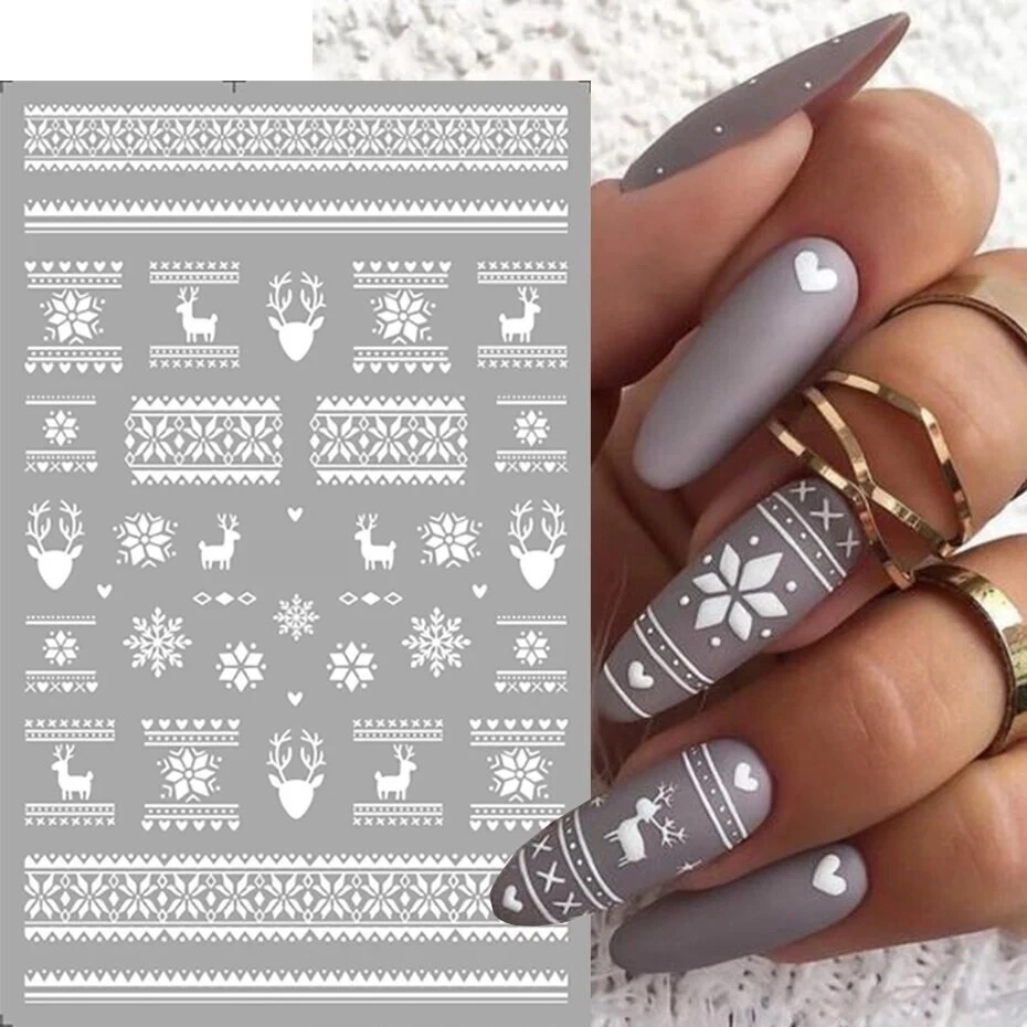 Christmas Nail Art Stickers Decals White Snowflakes Stags Head Reindeer (997)