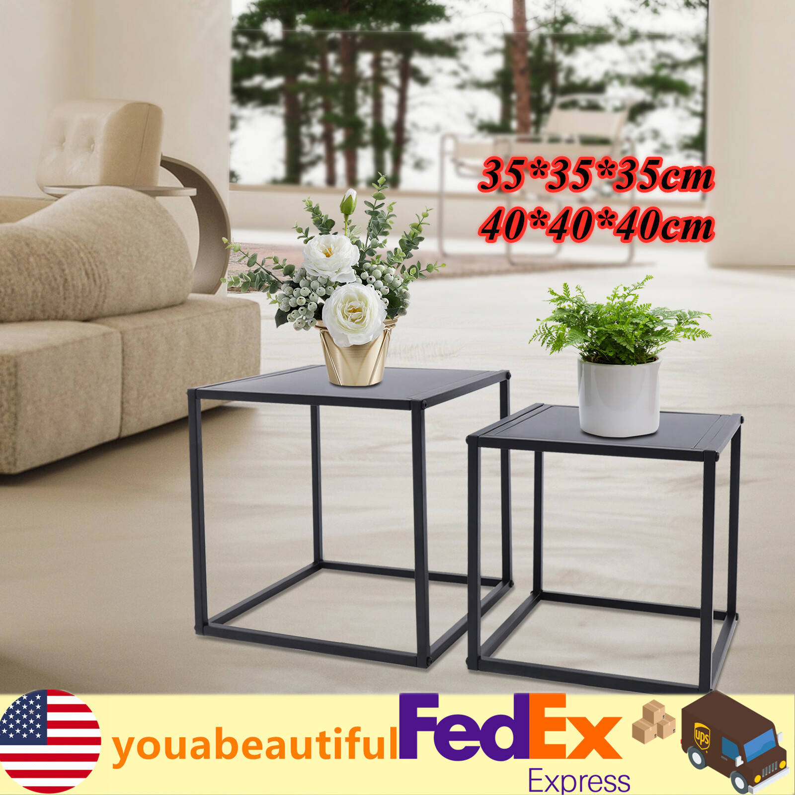 2pcs Matte Black Metal Square Tray Side Table for Coffee or Tea
