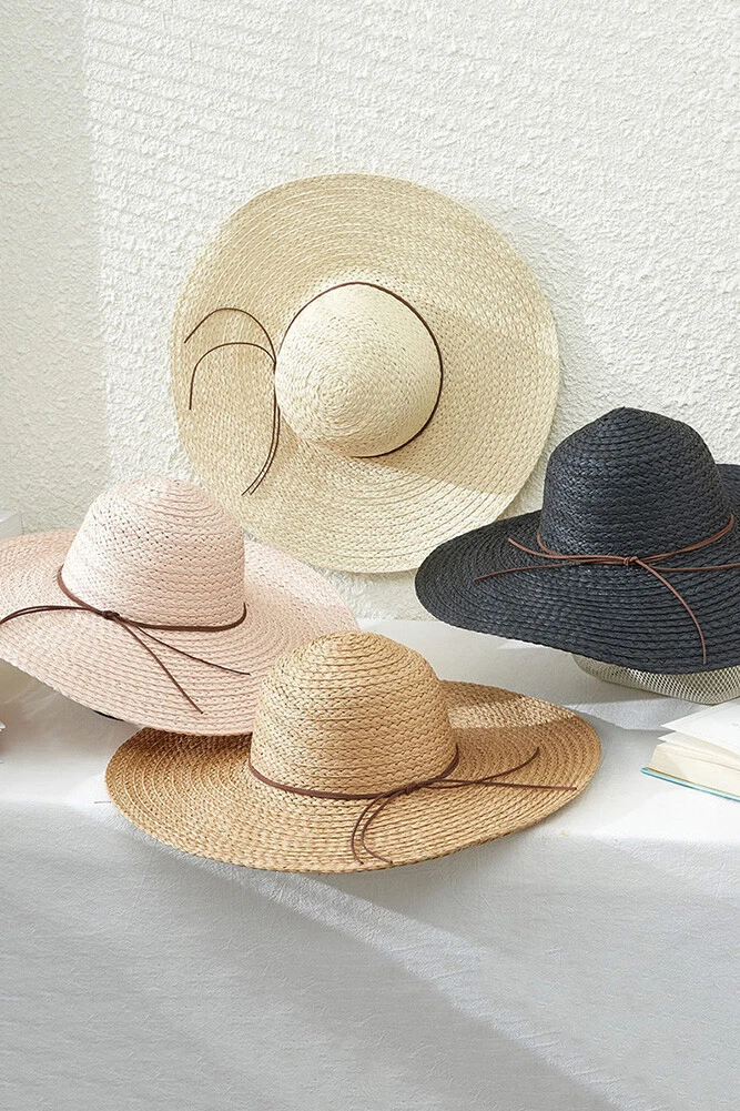ScarvesMe Women's Natural Handmade Solid Color Leather Trim Straw Beach Sun Hat