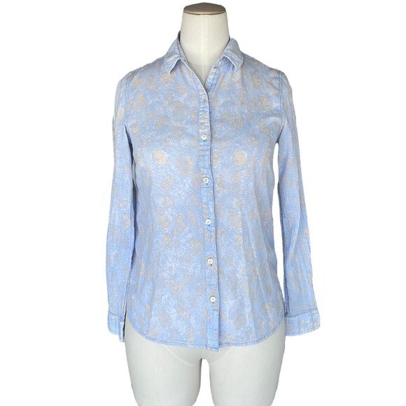 J. McLaughlin Button down Lightweight Blue Tan Si… - image 1