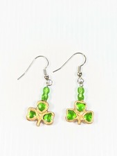 Gold Tone Green Acrylic Bead Shamrock Clover St Patricks Day Dangle Hook Earring