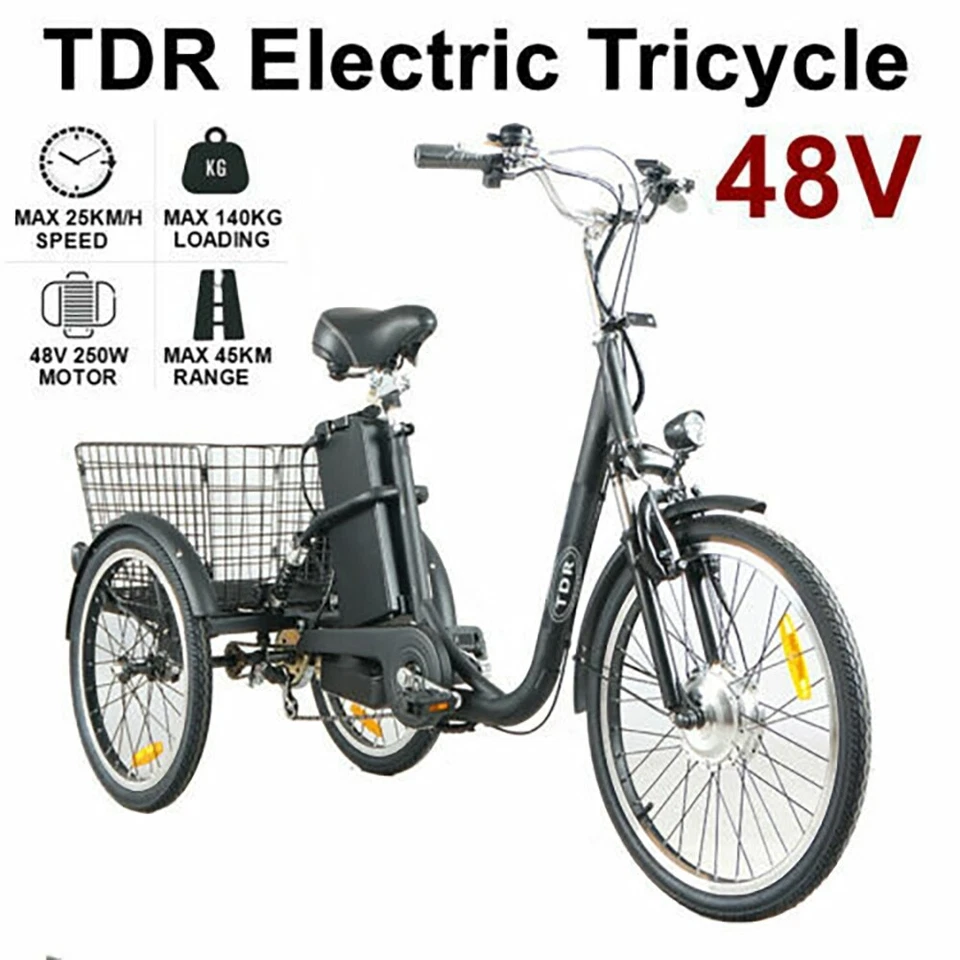 Black TDR 22" 20" Adult Trike 3 Wheel Bike Electric Tricycle Cruiser Ebike AU