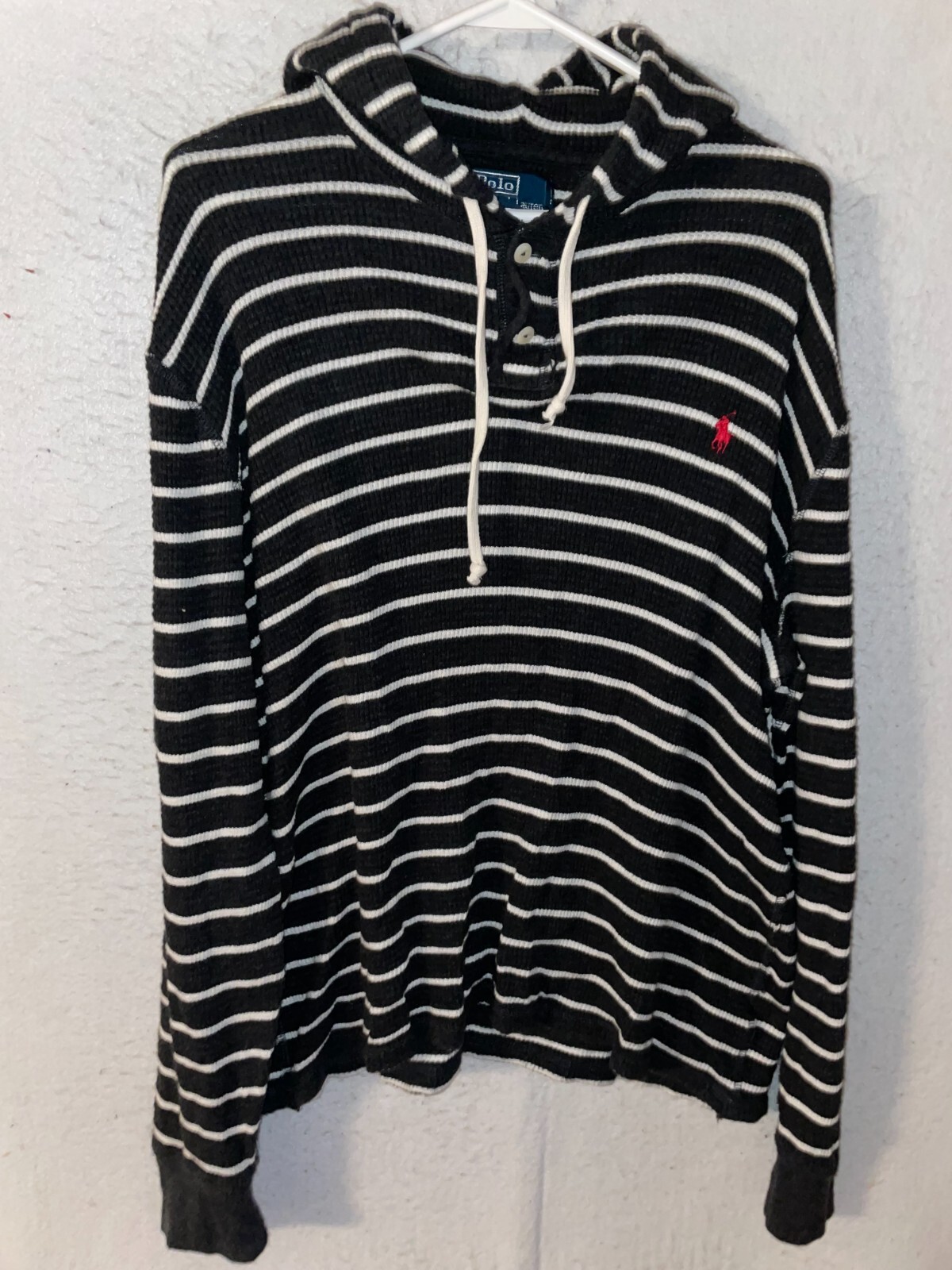 Polo Ralph Lauren Waffle Knit Felpa Termica con Cappuccio Pony Grigio Bianco Righe Uomo XL