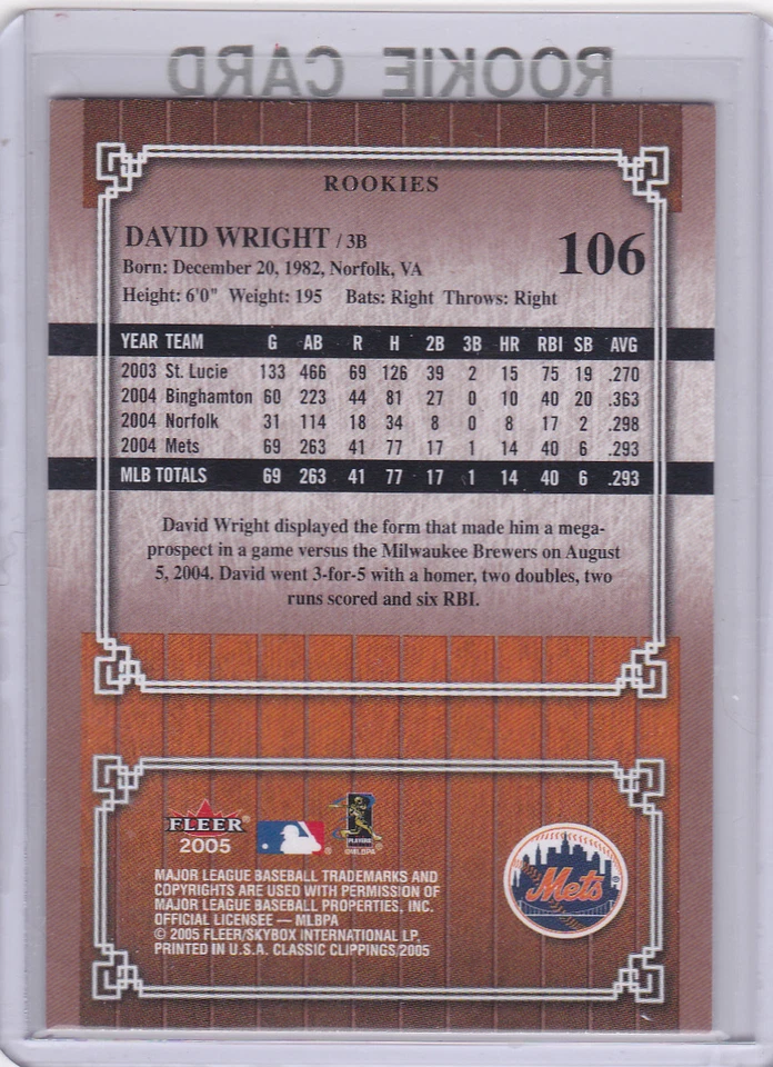 TARJETA DE NOVATO DAVID WRIGHT Fleer Clásico Recortes BÉISBOL RC New York Mets! Foto 2 de 2